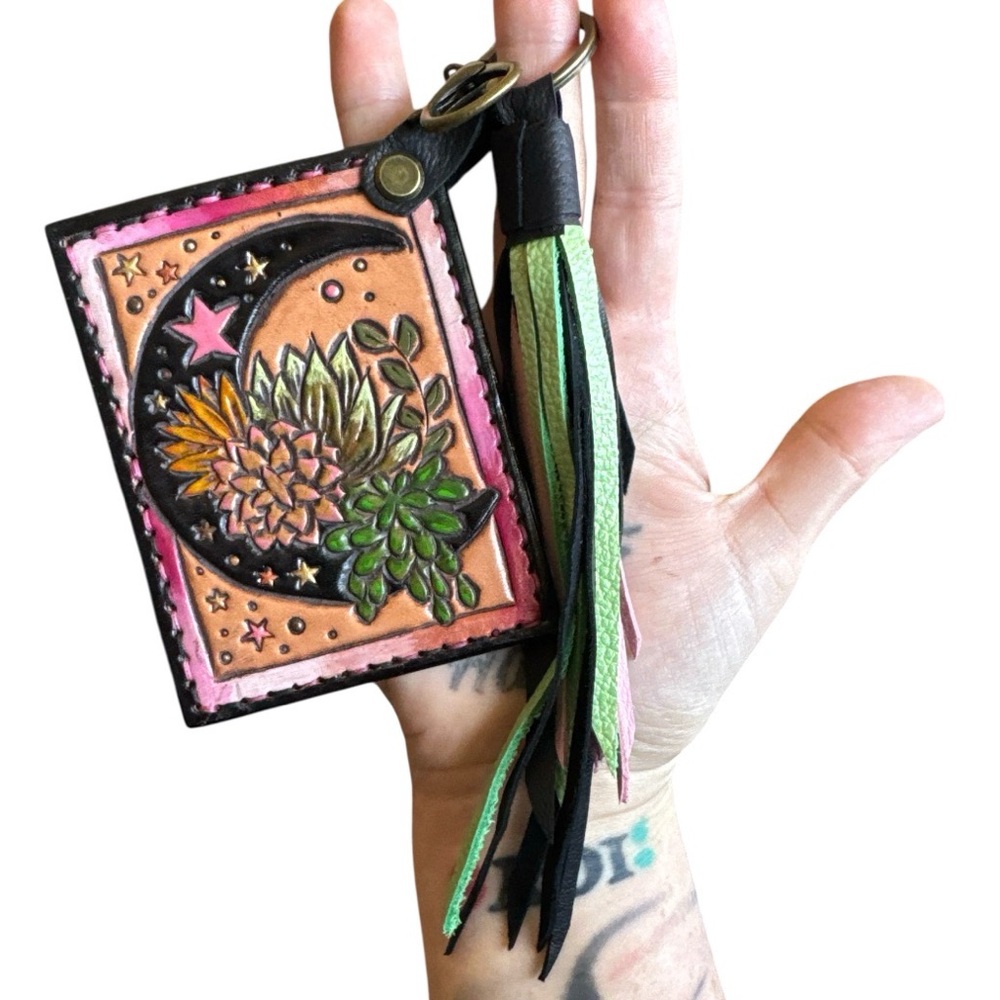 Artisan Handmade Western Southwest Leather Card Holder Moon Cowgirl Wallet